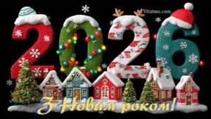 Новорічна листівка 2026 з об’ємними в’язаними цифрами, гірляндами й засніженими казковими будиночками.