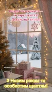 Затишна кімната з новорічною ялинкою, гірляндами та рожевими подарунками біля великого вікна із засніженим краєвидом.