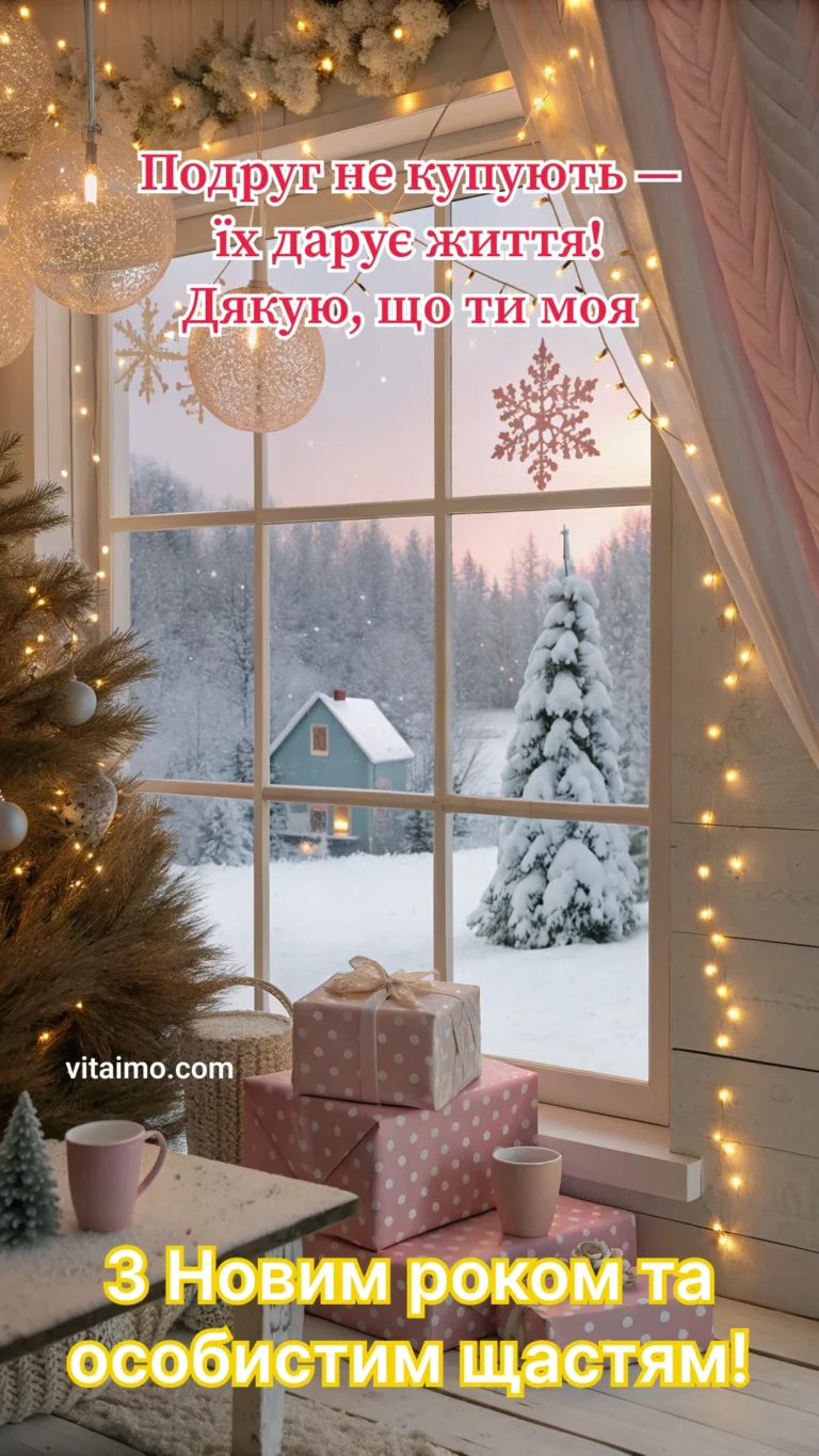 Новорічне привітання подрузі з зимовим пейзажем за вікном і подарунками