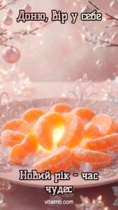 Новорічна листівка для доньки з сяючими мандариновими часточками на тарілці й підбадьорливим побажанням вірити в себе.