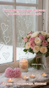 Романтичне новорічне привітання з букетом біло-рожевих троянд і запаленими свічками біля засніженого вікна з намальованими серцями.