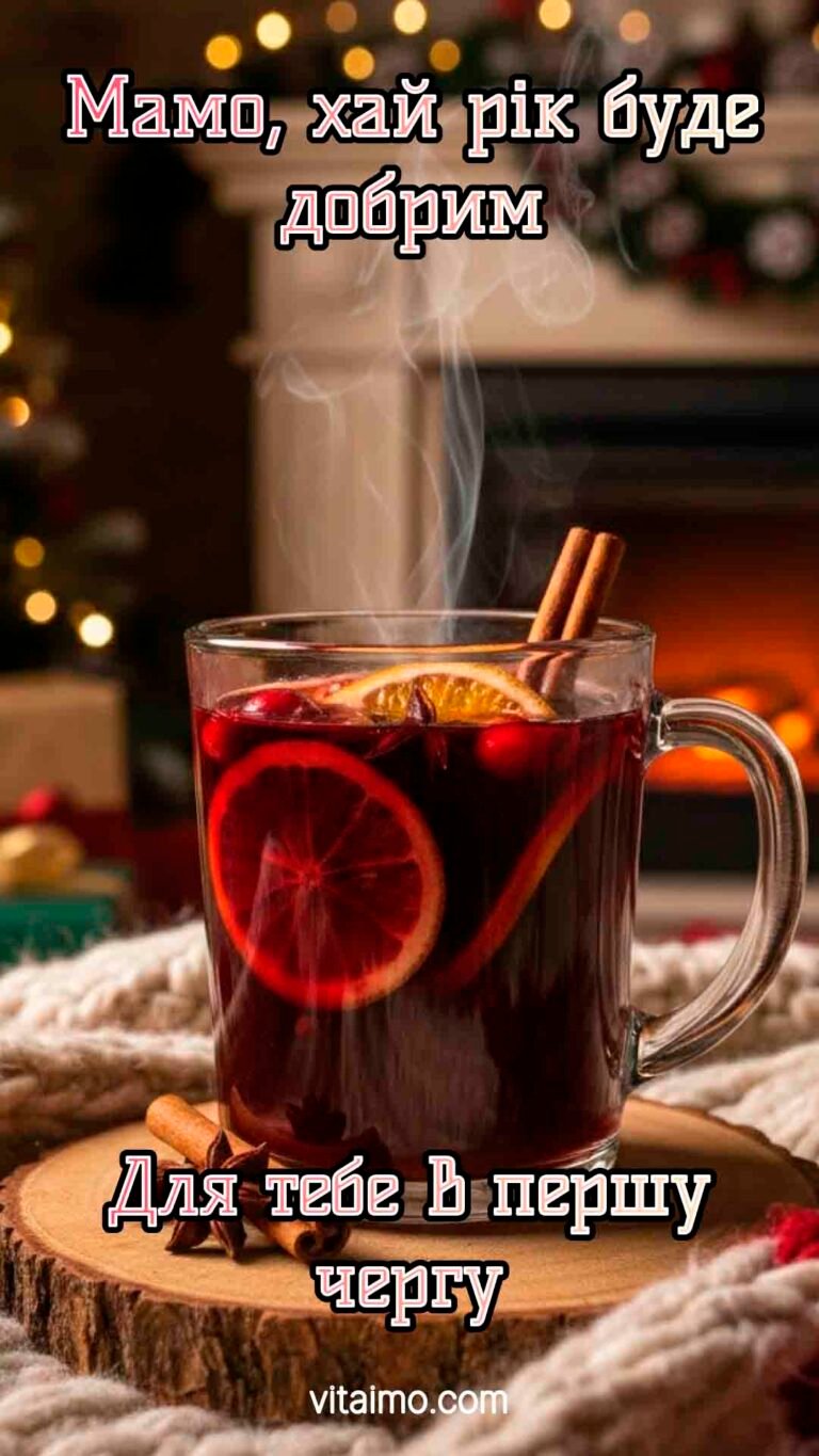 Новорічне привітання для мами з гарячим напоєм біля каміна