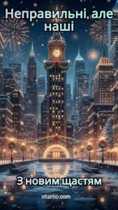 Новорічна листівка з вечірнім святковим містом, вежею-годинником, феєрверками та прикрашеним вогниками каналом.