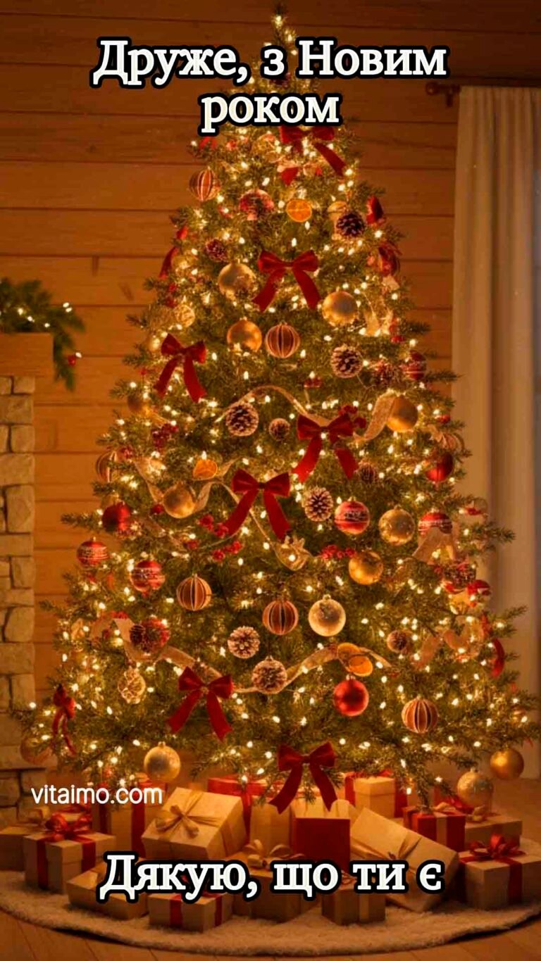 Тепла новорічна листівка для друга з сяючою ялинкою та подарунками