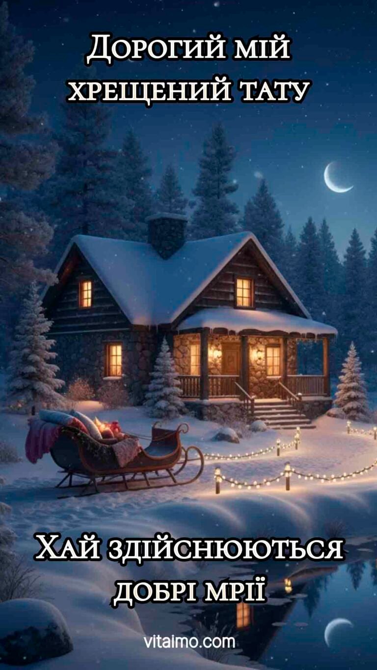 Новорічне привітання хрещеному татові із зимовим будиночком і санями