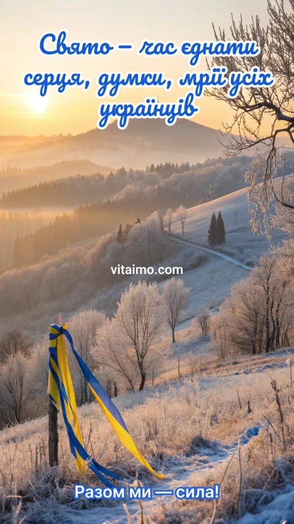 Новорічна листівка зі стрічкою прапора України в Карпатах