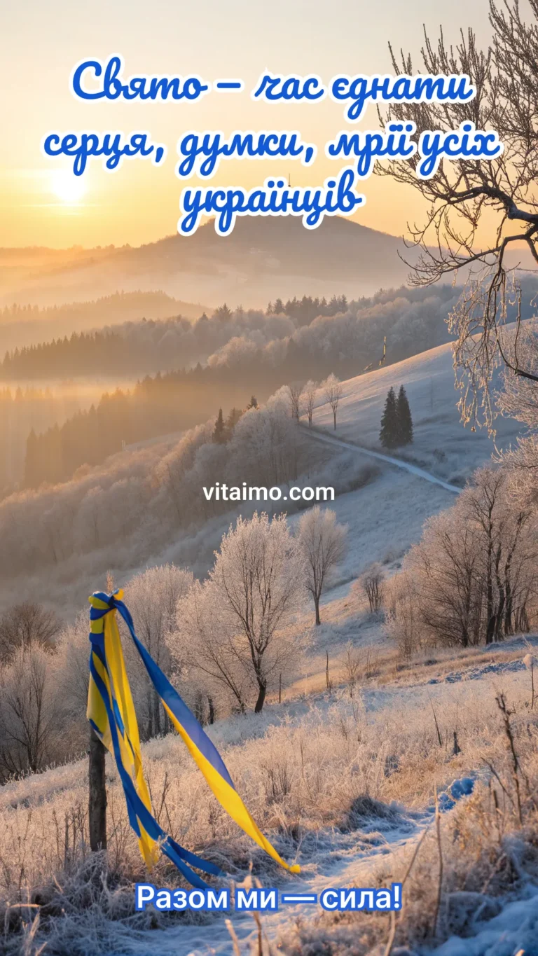 Новорічна листівка зі стрічкою прапора України в Карпатах