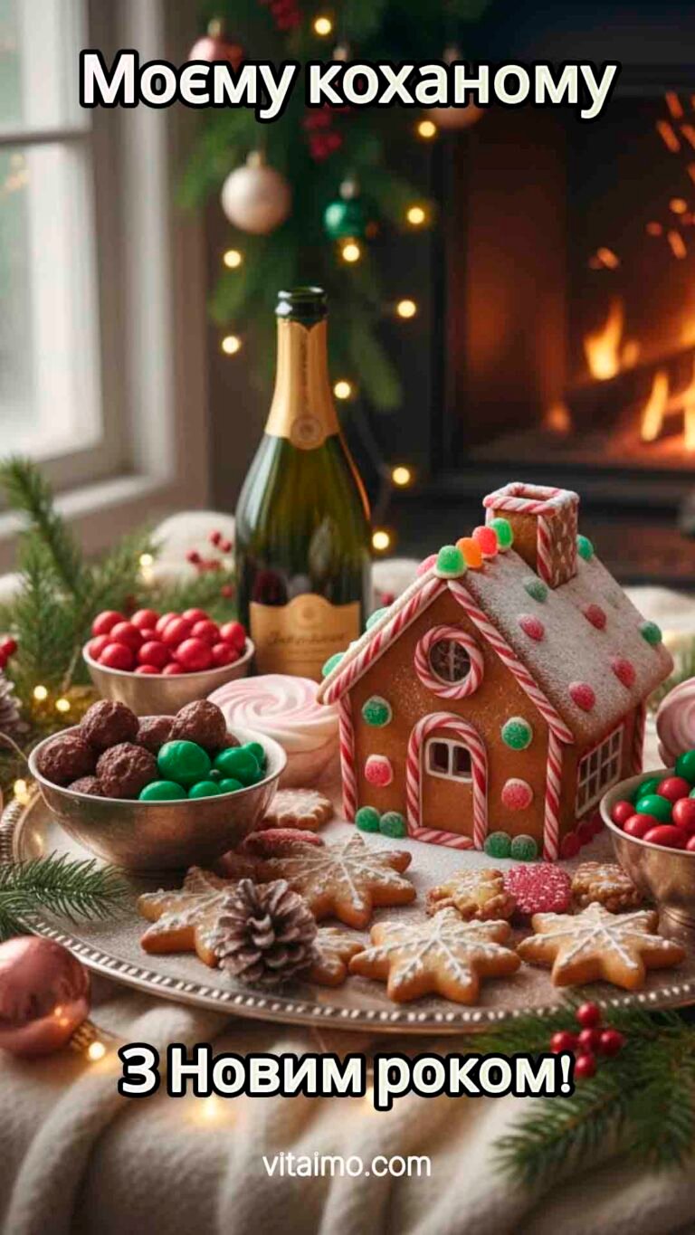 Романтична новорічна листівка Моєму коханому з пряниковим будиночком та шампанським