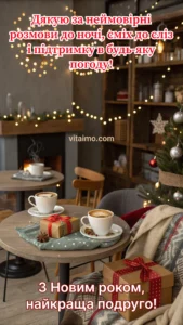 Затишне кафе з новорічною ялинкою, гірляндами й столиком, на якому стоять дві чашки кави та маленькі подарунки.