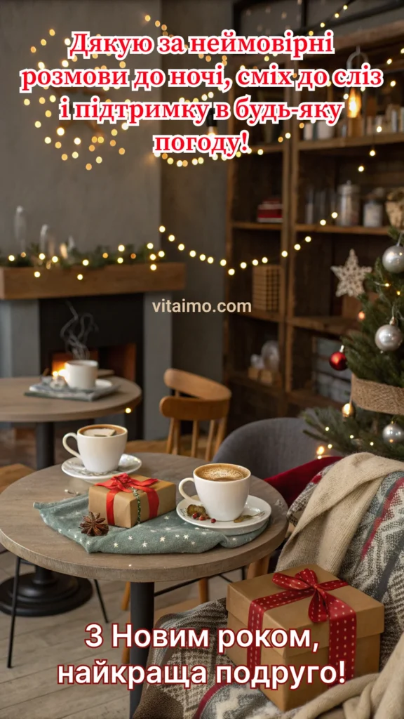 Новорічне привітання найкращій подрузі з кавою, подарунками та вогниками