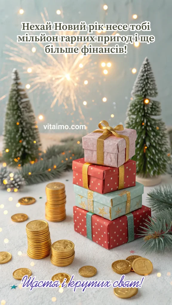Новорічне привітання з подарунками та побажанням фінансового достатку