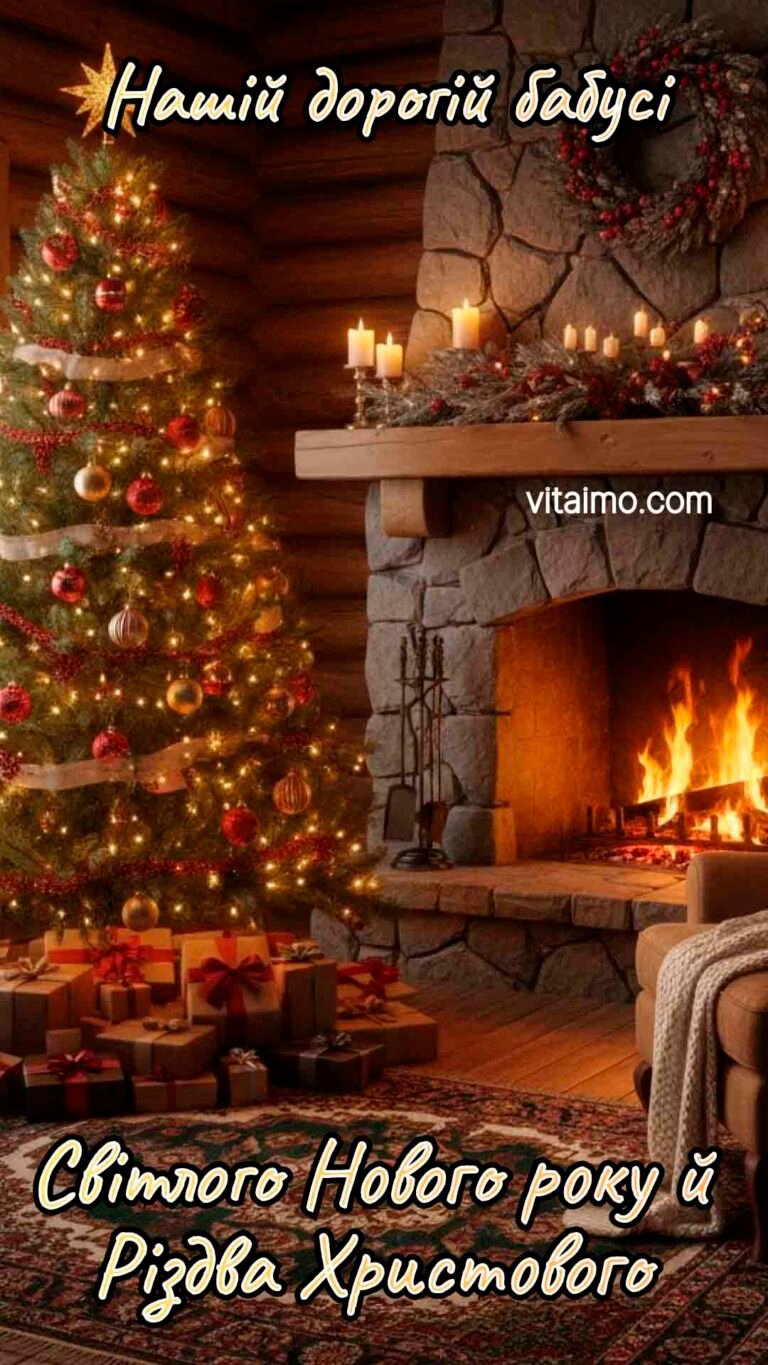 Затишне новорічне й різдвяне привітання для бабусі з ялинкою та каміном
