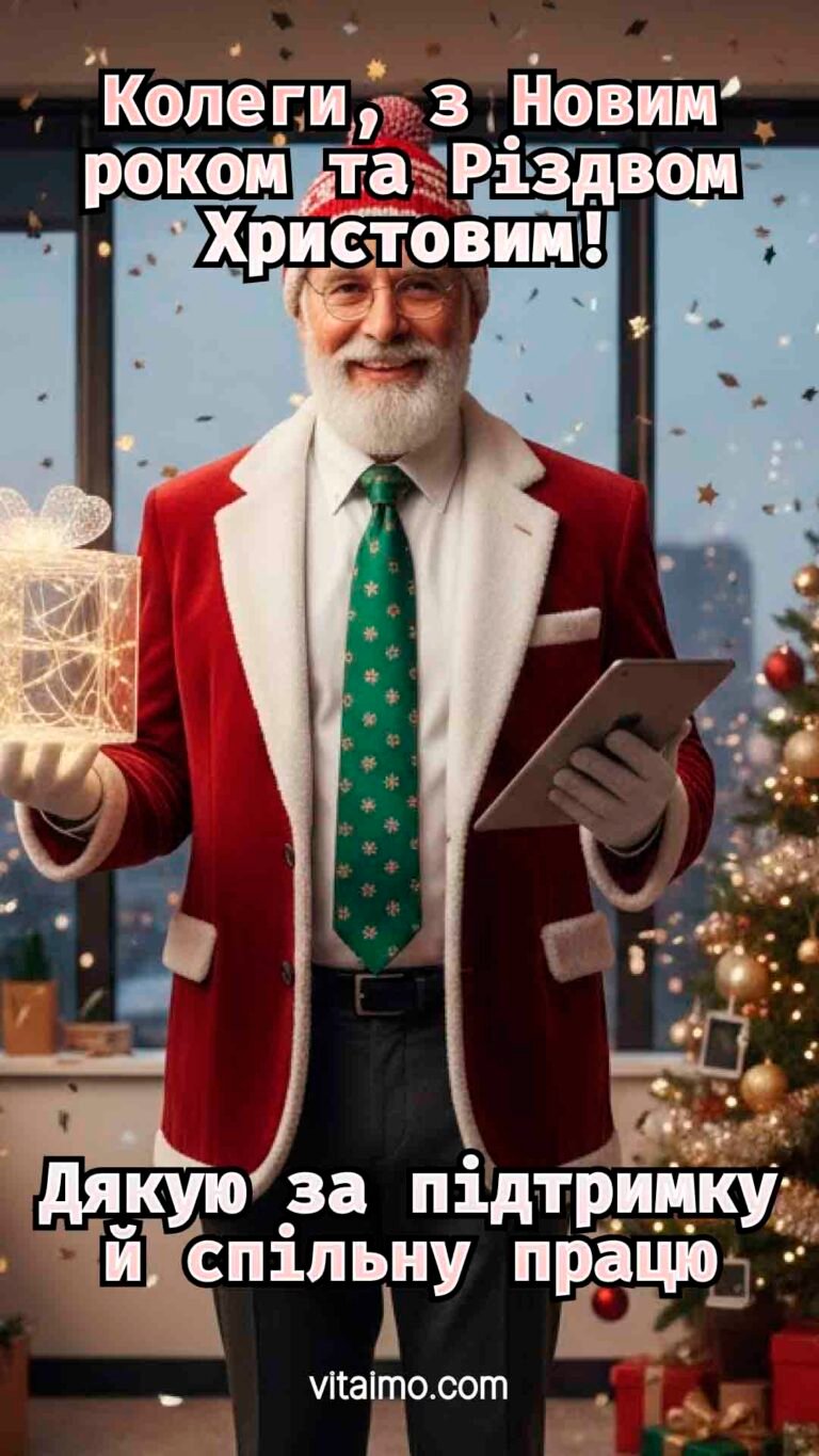 Новорічне корпоративне привітання для колег із сучасним Сантою та подякою за спільну працю