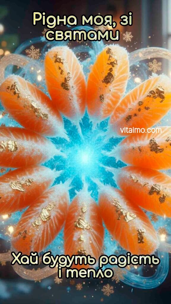 Веселе новорічне й різдвяне привітання для сестрички з мандариновою сніжинкою