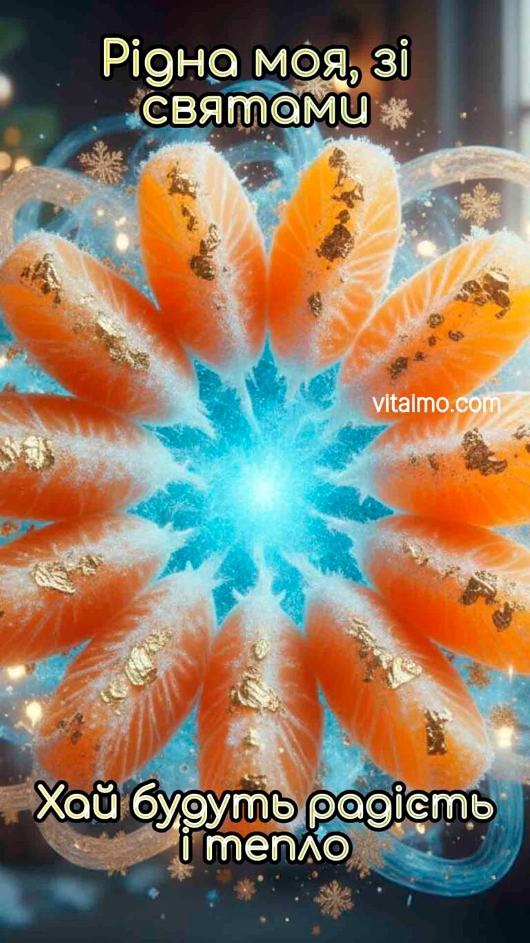 Веселе новорічне й різдвяне привітання для сестрички з мандариновою сніжинкою