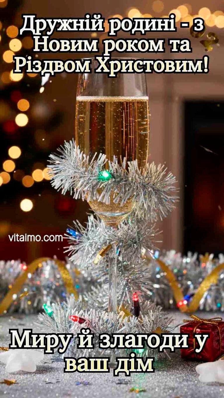 Новорічно-різдвяне привітання для дружньої родини з келихом шампанського