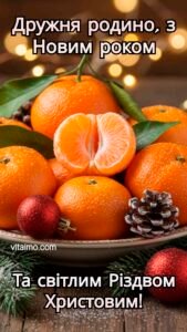 Святкова тарілка з мандаринами, шишкою та ялинковим декором як листівка З Новим роком і Різдвом для дружньої родини.