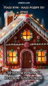 Новорічно-різдвяна листівка для кума із сяючим пряниковим будиночком, солодкими прикрасами та маленьким оленем на снігу.