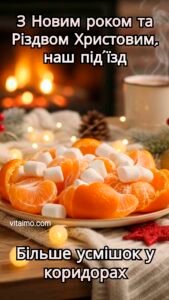 Тарілка мандаринів із маршмелоу біля каміна як листівка З Новим роком і Різдвом для мешканців під’їзду з побажанням більше усмішок у коридорах.