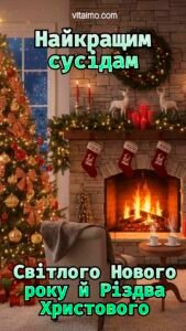 Різдвяна ялинка та камін з панчохами у святковій вітальні як листівка Світлого Нового року й Різдва Христового для найкращих сусідів.