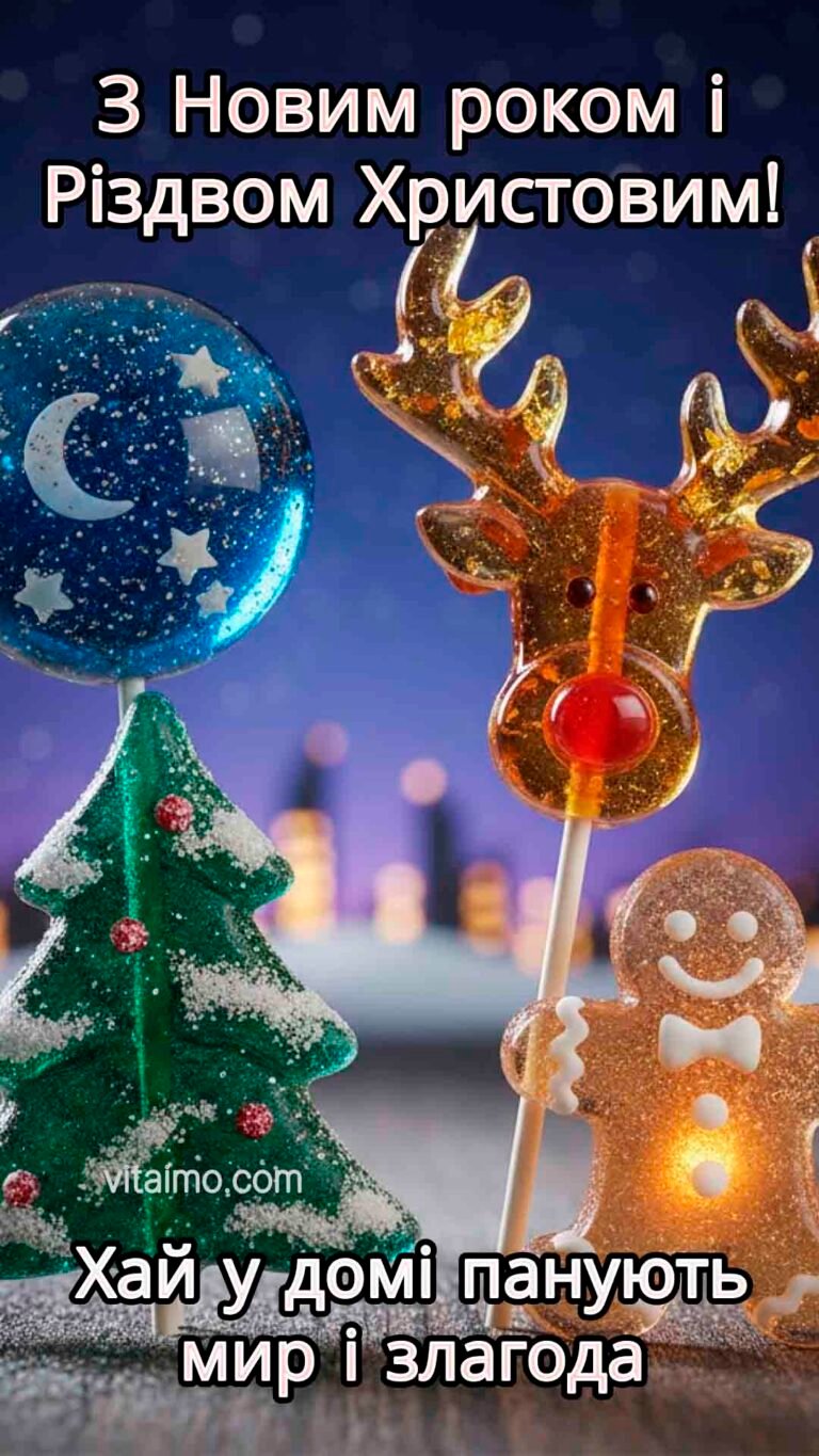 Лагідна новорічно-різдвяна листівка із солодкими фігурками та побажанням миру в домі