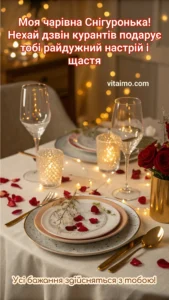 Романтична листівка З Новим роком із сервірованим святковим столом, свічками, гірляндами та пелюстками червоних троянд.