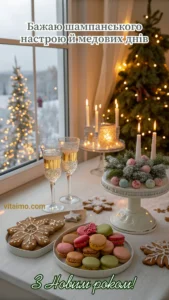 Новорічне привітання з келихами шампанського, десертами, свічками та засніженим пейзажем за вікном.