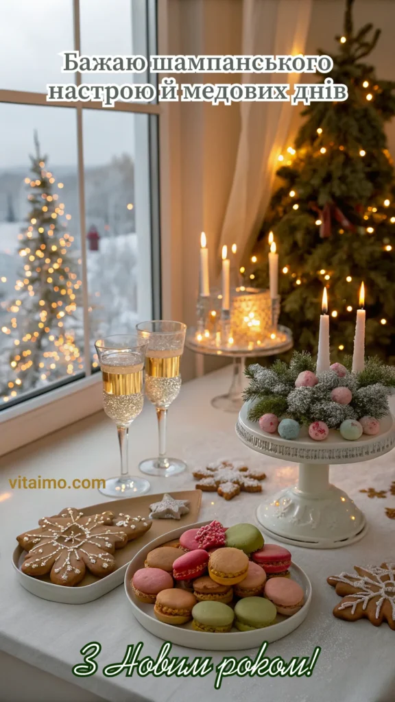 Святкова листівка з Новим роком із шампанським, десертами та зимовим краєвидом