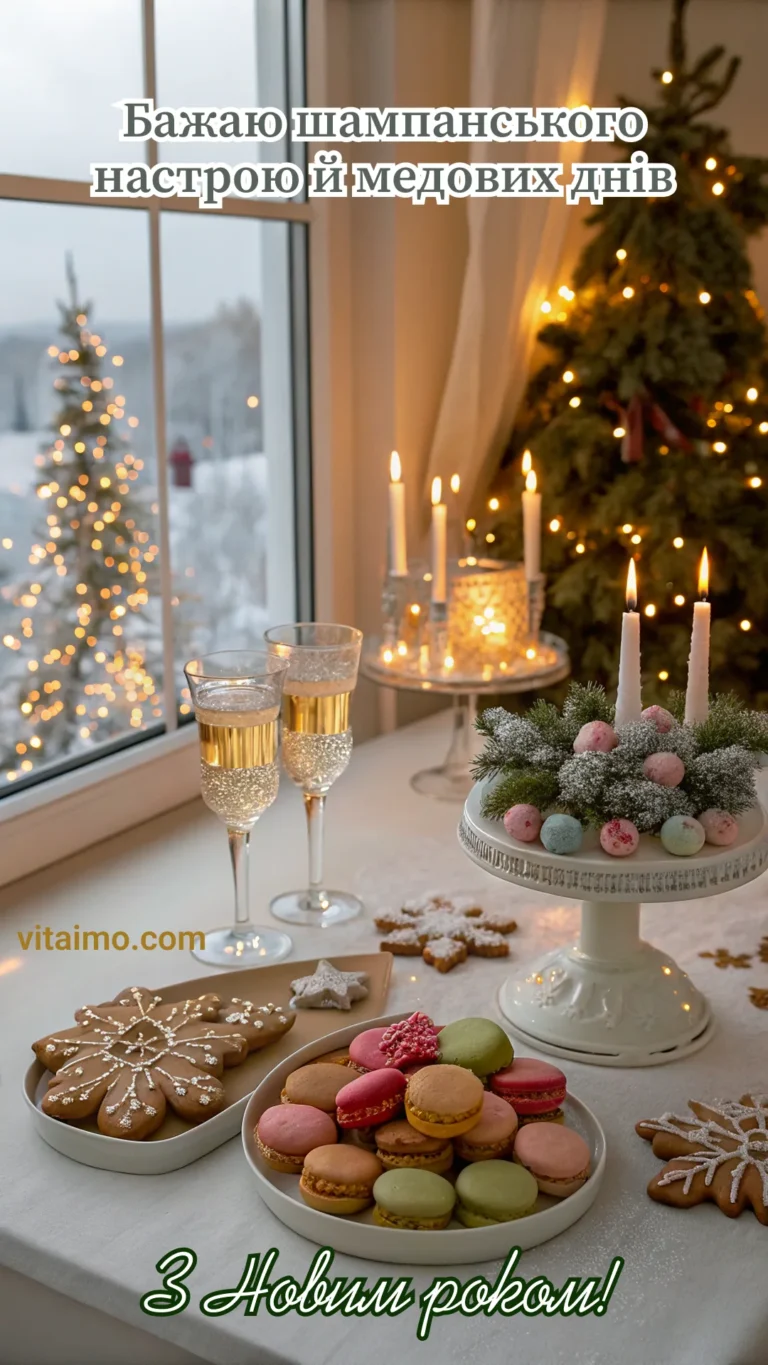 Святкова листівка з Новим роком із шампанським, десертами та зимовим краєвидом