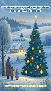 Родина біля прикрашеної ялинки на засніженому пагорбі — новорічна листівка