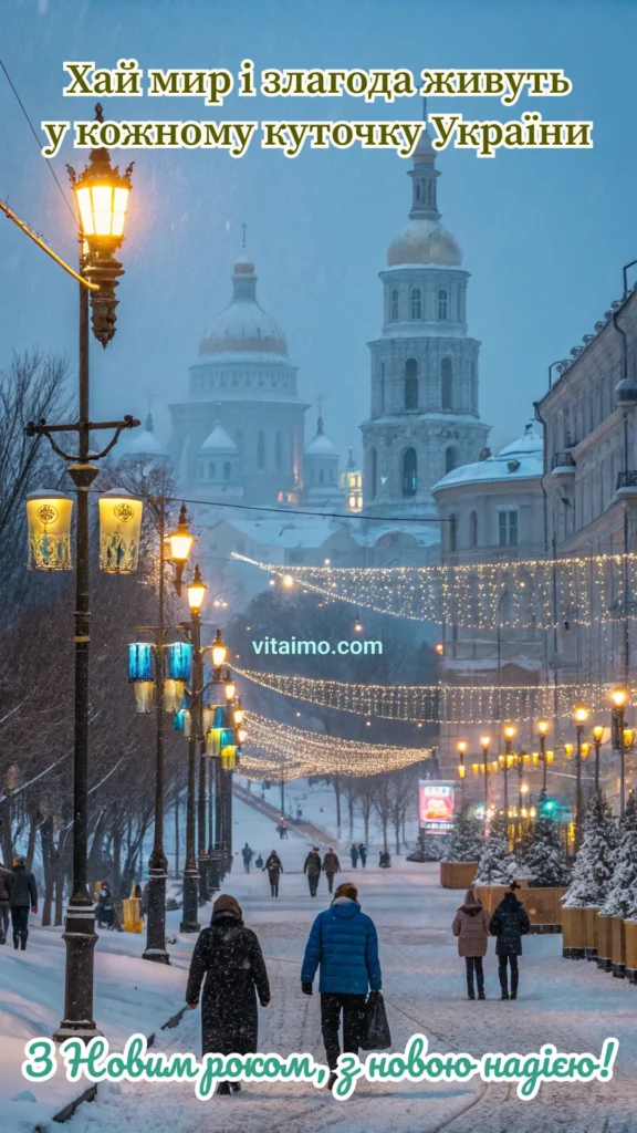 Новорічна листівка зі святковим містом та побажаннями миру