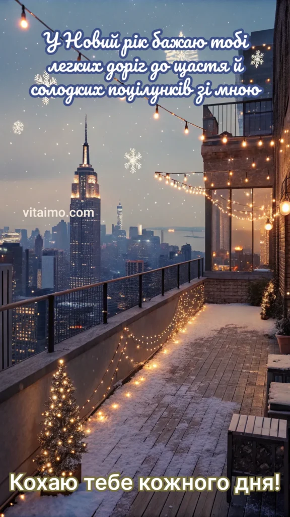 Новорічне привітання для коханої з романтичною терасою та нічним містом