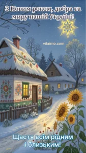 Українська хата взимку, соняшники й різдвяна зоря — новорічна листівка