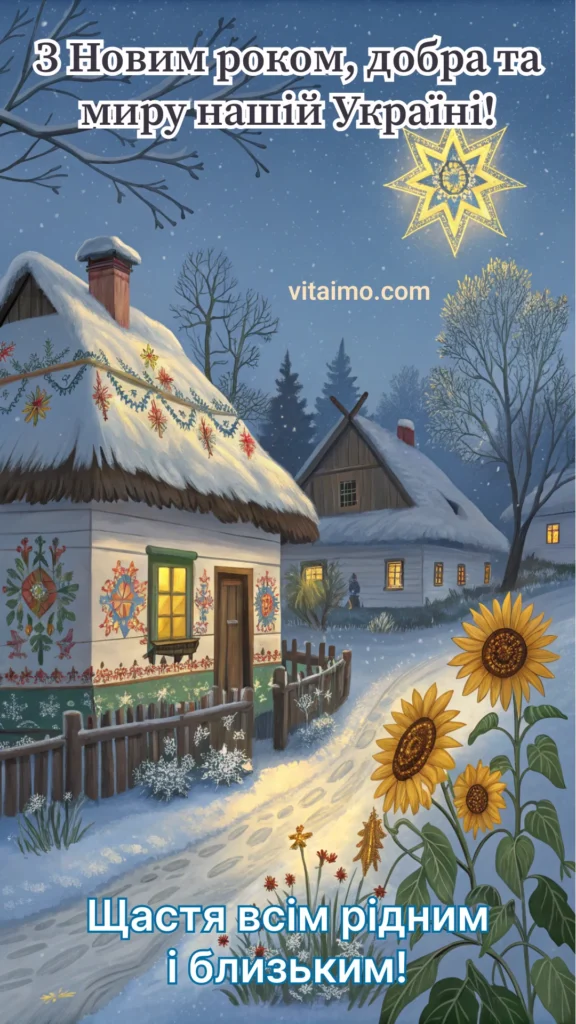 Новорічна листівка з українською хатою та побажаннями