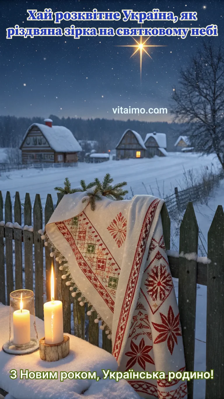 Новорічна листівка зі свічками та українським рушником