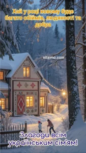 Український прапор на зимових горах під зоряним небом — новорічна листівка