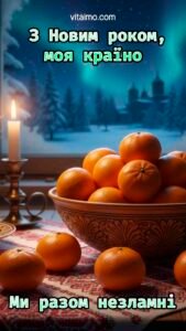 Патріотична новорічна листівка з мискою мандаринів на вишитому рушнику й зимовим краєвидом України за вікном.