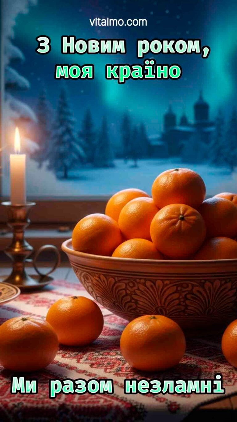Новорічне привітання Україні з мандаринами, свічкою та зимовою ніччю