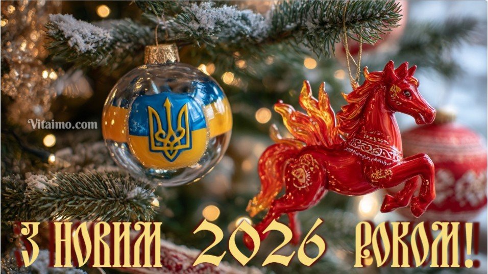 Патріотична новорічна листівка з ялинкою та вогняною конячкою символом 2026