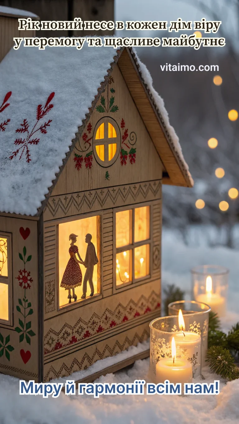Листівка до Нового року з українським будинком і свічками