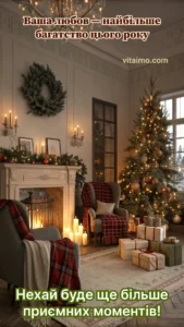 Новорічне привітання із затишною вітальнею, прикрашеною ялинкою, каміном, свічками та подарунками.