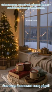Новорічне привітання із затишною кімнатою, ялинкою в гірляндах і трьома кружками гарячого напою біля вікна зі снігом.