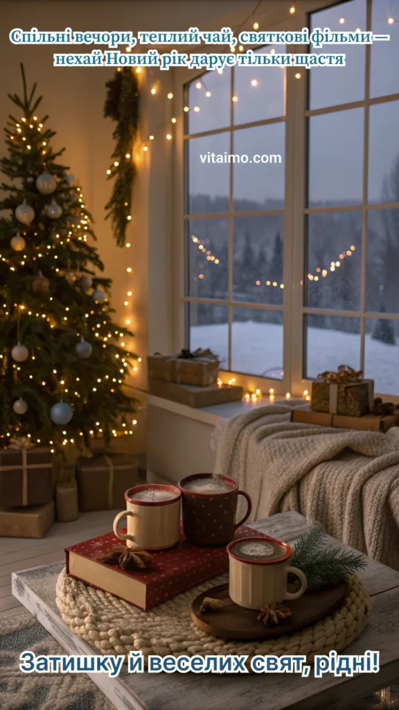 Тепла новорічна листівка з ялинкою, гарячим чаєм і зимовим пейзажем для рідних