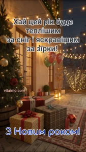 Новорічна листівка з прикрашеною ялинкою, гірляндами та подарунками на теплому вечірньому ґанку.