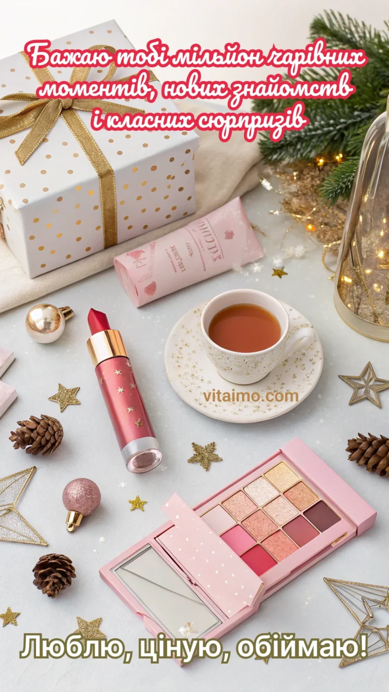 Ніжне святкове привітання для дівчини з подарунком, чаєм і косметикою