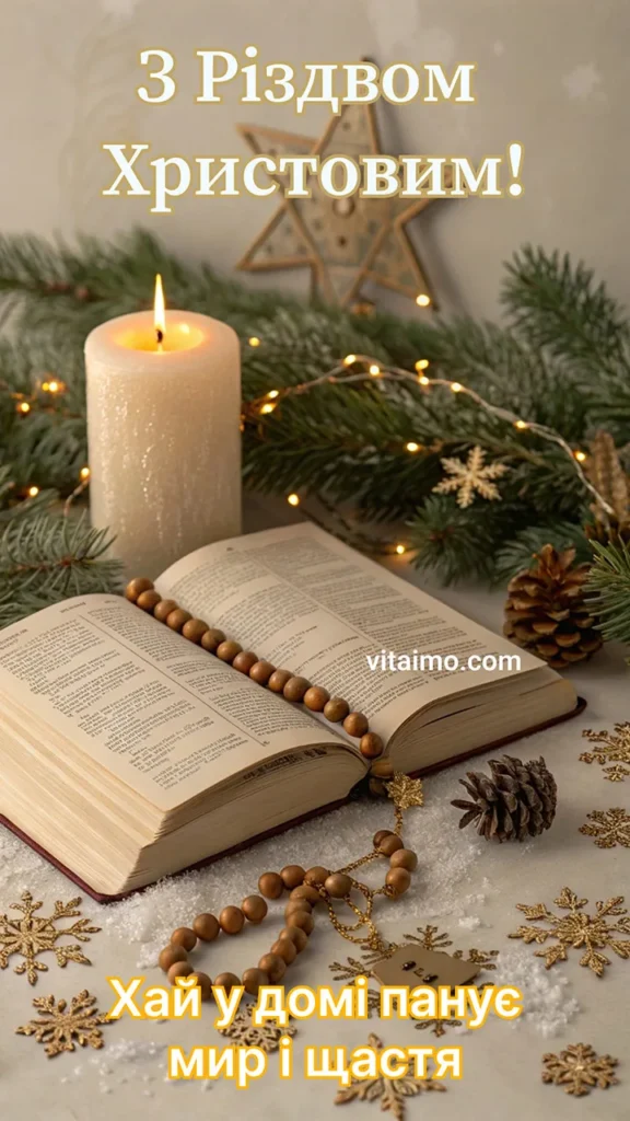 Різдвяне християнське привітання з Біблією, свічкою та побажанням миру в оселі