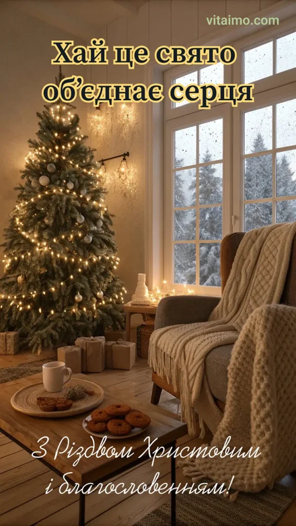 Різдвяне привітання про домашній затишок із ялинкою, печивом і зимовим краєвидом за вікном