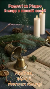 Різдвяний натюрморт із бронзовими дзвониками, ялинковими гілками, свічками та розкритими нотами коляд для святкового привітання.