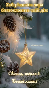 Сяюча різдвяна зірка-іграшка висить на засніженій ялинковій гілці серед шишок і теплих вогників для святкового привітання.