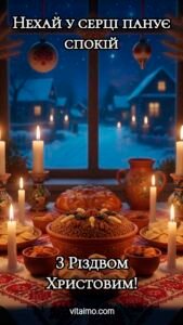 Різдвяне привітання зі столом на Святу вечерю, кутею, здобною паляницею, варениками й запаленими свічками перед вікном на засніжене село.